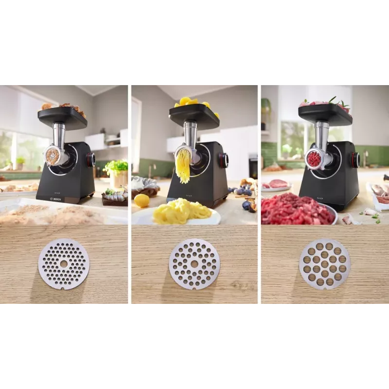 Hakklihamasin Bosch MFWS430B — 1900 W, 2 kiirust, 2,5 kg/min, must/hõbedane, 4,3 kg
