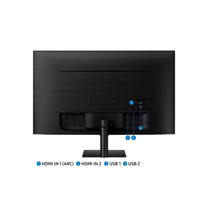 27-tolline Samsung M50D monitor — 27-tolline Full HD (1920×1080), VA LED, 4 ms, 178° vaatenurk, sisseehitatud kõlarid, USB-hub, VESA, must