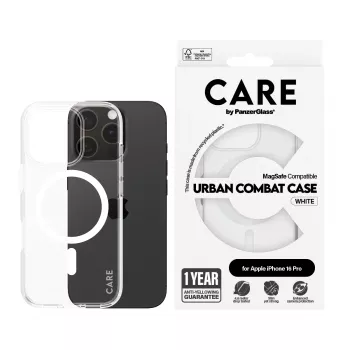 PanzerGlass CARE™ by ® Urban Combat Case läbipaistev valge MagSafe'iga iPhone 16 Pro