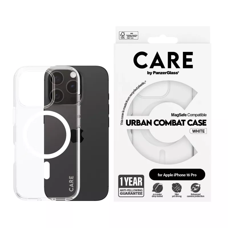 PanzerGlass CARE™ by ® Urban Combat Case läbipaistev valge MagSafe'iga iPhone 16 Pro