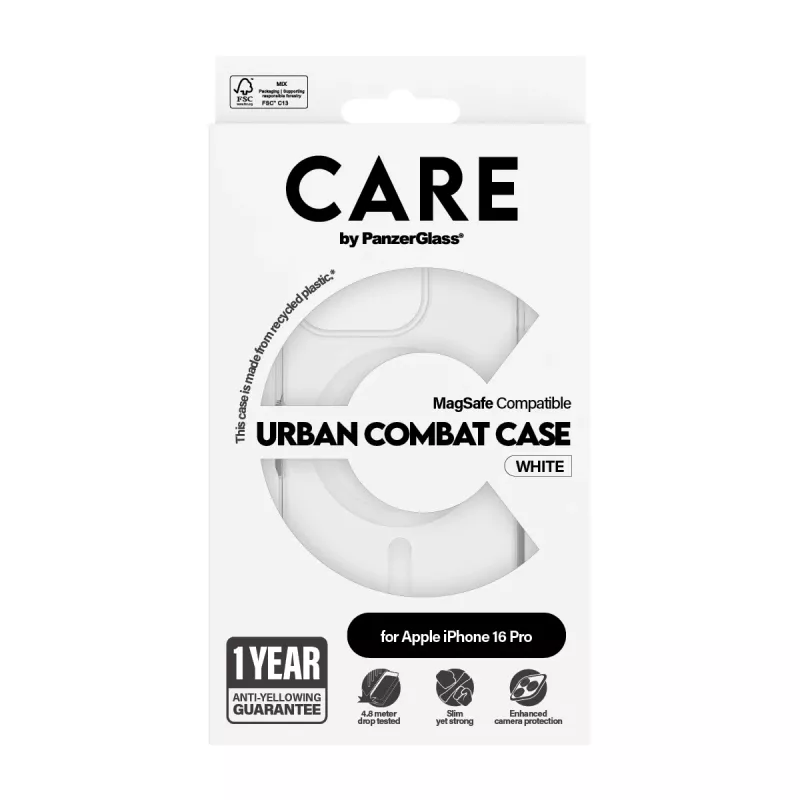 PanzerGlass CARE™ by ® Urban Combat Case läbipaistev valge MagSafe'iga iPhone 16 Pro