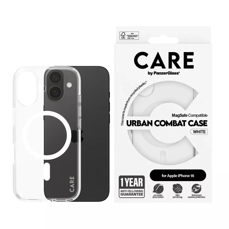 PanzerGlass CARE™ by ® Urban Combat Case Transparent w. White MagSafe iPhone 16