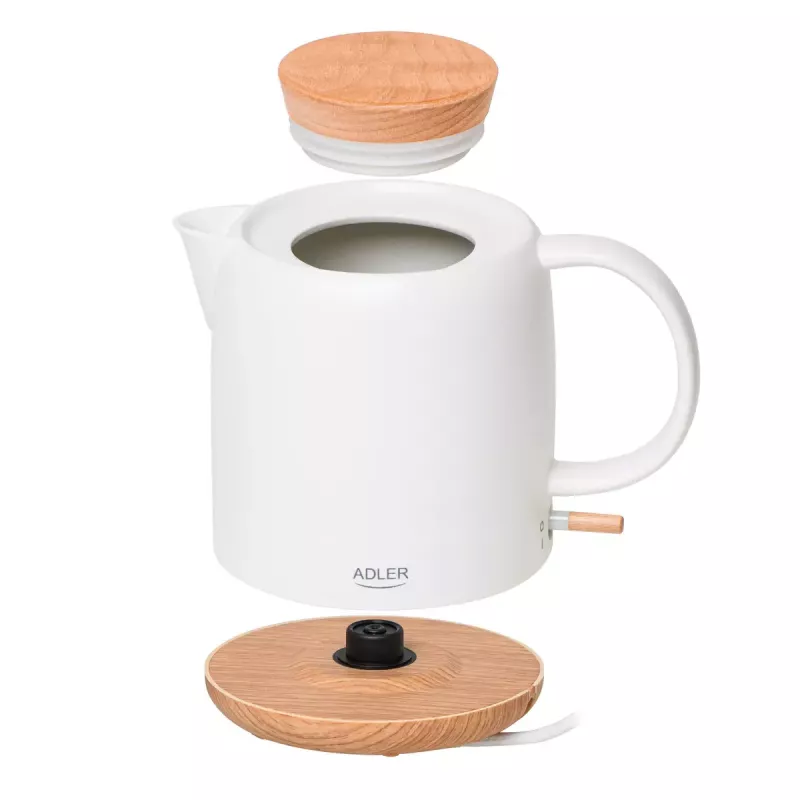 Elektriline veekeetja Adler AD 1304 — 1 L, 1200 W, keraamiline korpus, hingedega kaas, 360° pöörlev alus, valge