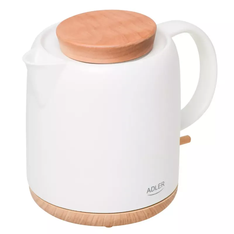 Elektriline veekeetja Adler AD 1304 — 1 L, 1200 W, keraamiline korpus, hingedega kaas, 360° pöörlev alus, valge
