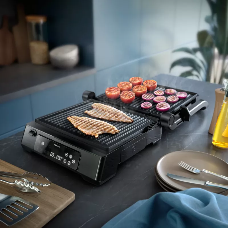 Philips 7000 seeria kontaktgrill, must, ristkülikukujuline, puutetundlik, 220 °C, hingedega kaas, lukustatav kaas, 180°