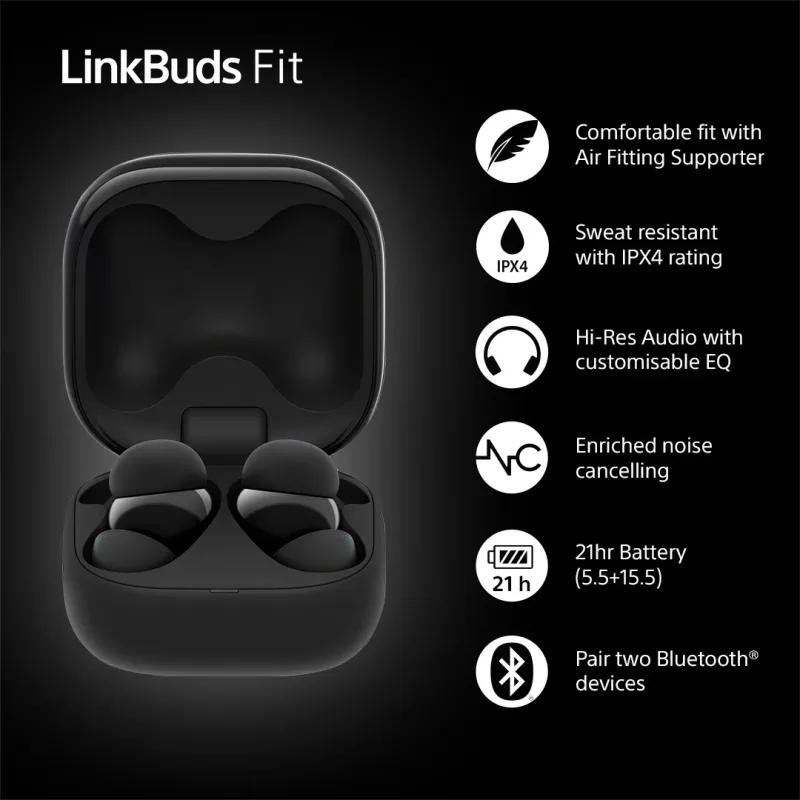 Juhtmeta kõrvasisene peakomplekt Sony LinkBuds Fit WFLS910NB — Bluetooth, 20–20000 Hz, 10 m ulatus, 75 g, must