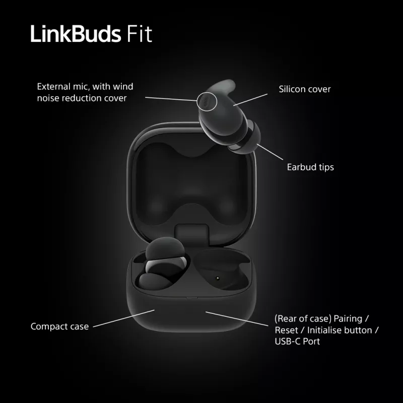 Juhtmeta kõrvasisene peakomplekt Sony LinkBuds Fit WFLS910NB — Bluetooth, 20–20000 Hz, 10 m ulatus, 75 g, must