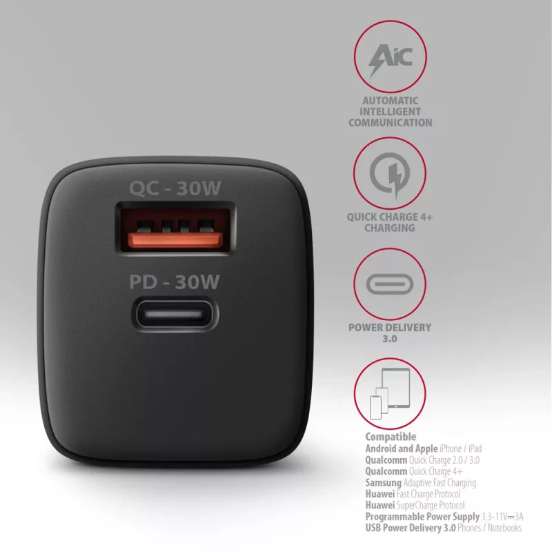 Axagon ACU-PQ30 PD3.0 & QC4+ 2xVÄLJUNDIT seinadapter 30W