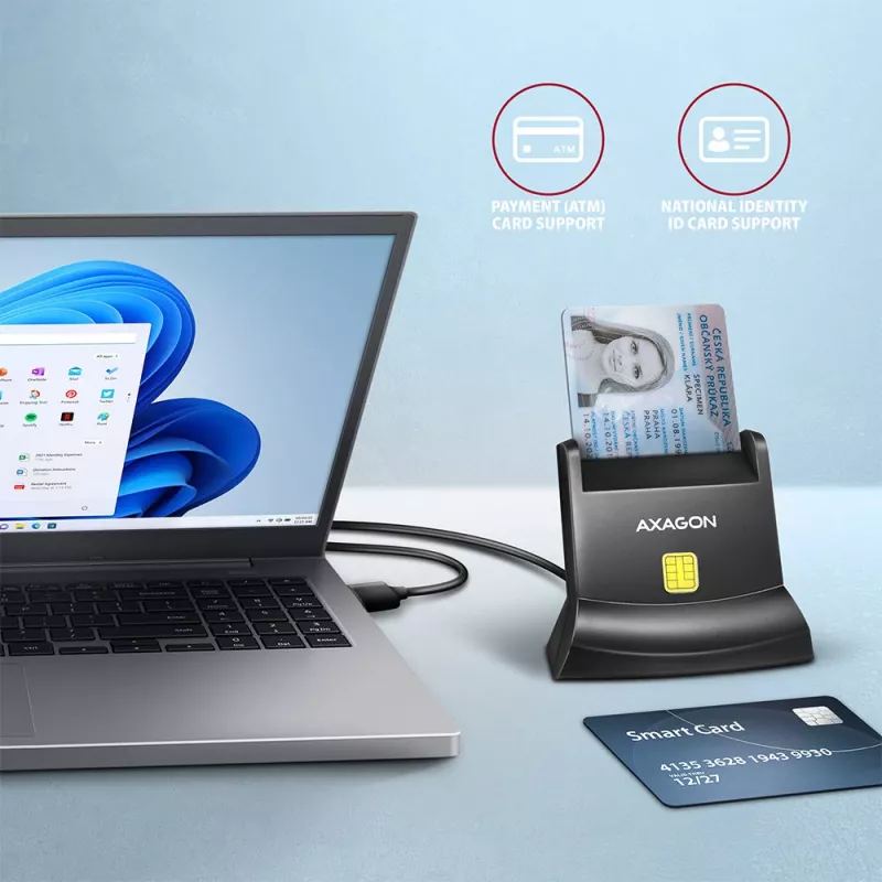 Axagoni universaalne lauapealne USB-kontaktiga nuti-/ID-kaardilugeja pika USB-A-kaabliga. Sobib eObanka rakendusele. nutikaardilugeja Sise USB 2.0 Must