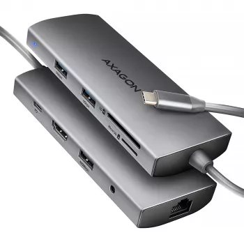 Axagon HMC-8HLSA, USB 5Gbps jaotur, 3x USB-A, HDMI 4k/60Hz, RJ-45, SD/microSD, heli, PD 100W
