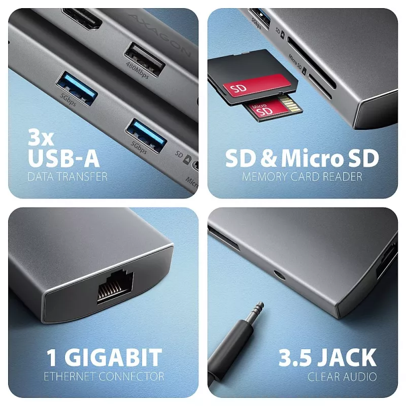 Axagon HMC-8HLSA, USB 5Gbps jaotur, 3x USB-A, HDMI 4k/60Hz, RJ-45, SD/microSD, heli, PD 100W