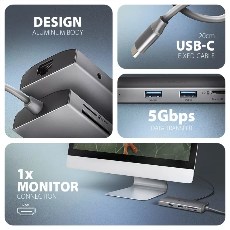 Axagon HMC-8HLSA, USB 5Gbps jaotur, 3x USB-A, HDMI 4k/60Hz, RJ-45, SD/microSD, heli, PD 100W