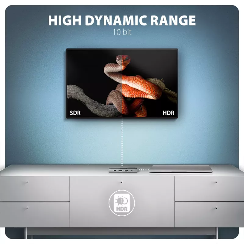 Axagon HMC-8HLSA, USB 5Gbps jaotur, 3x USB-A, HDMI 4k/60Hz, RJ-45, SD/microSD, heli, PD 100W