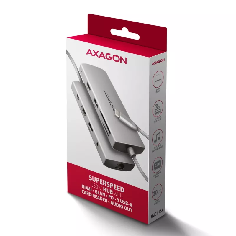 Axagon HMC-8HLSA, USB 5Gbps jaotur, 3x USB-A, HDMI 4k/60Hz, RJ-45, SD/microSD, heli, PD 100W