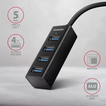 Axagon HUE-M1A 4x USB 3.2 Gen 1 MINI jaotur, metall, 20 cm USB-A kaabel