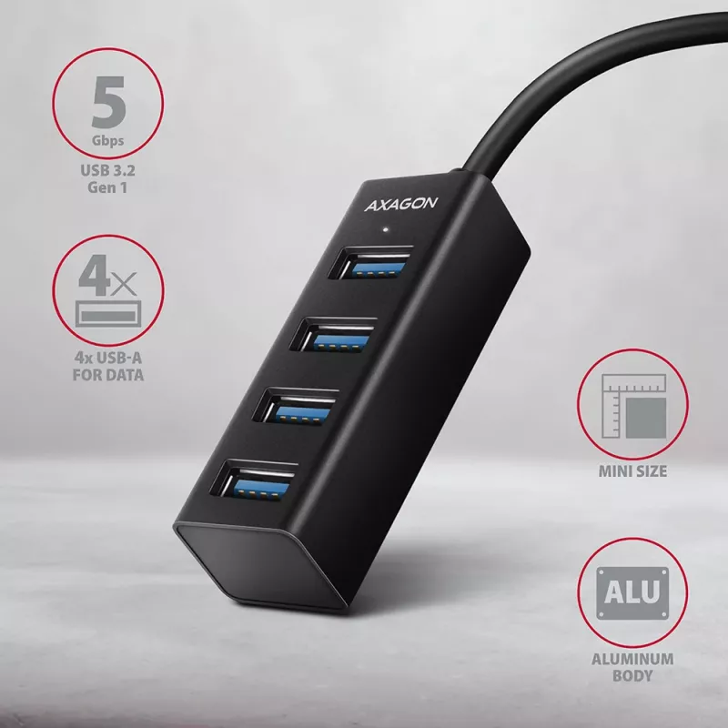 Axagon HUE-M1A 4x USB 3.2 Gen 1 MINI jaotur, metall, 20 cm USB-A kaabel