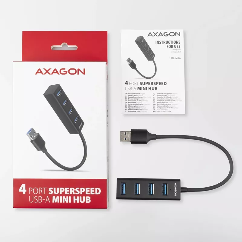 Axagon HUE-M1A 4x USB 3.2 Gen 1 MINI jaotur, metall, 20 cm USB-A kaabel
