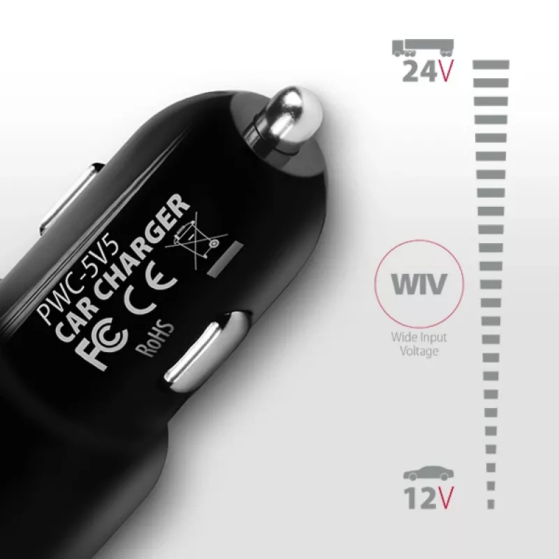 Axagon PWC-5V5 SMART autolaadija 24W, 2x USB-A port, 5V/2.4A + 5V/2.4A