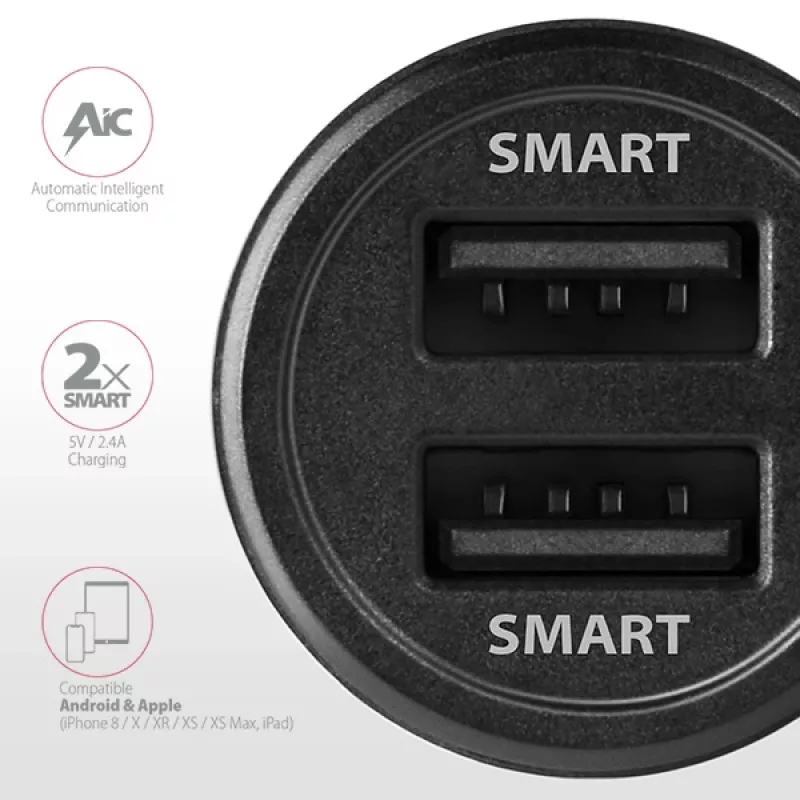 Axagon PWC-5V5 SMART autolaadija 24W, 2x USB-A port, 5V/2.4A + 5V/2.4A