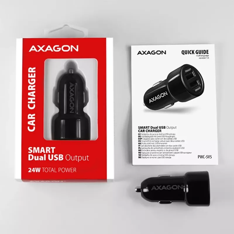 Axagon PWC-5V5 SMART autolaadija 24W, 2x USB-A port, 5V/2.4A + 5V/2.4A