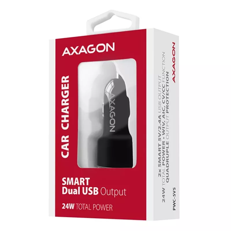 Axagon PWC-5V5 SMART autolaadija 24W, 2x USB-A port, 5V/2.4A + 5V/2.4A