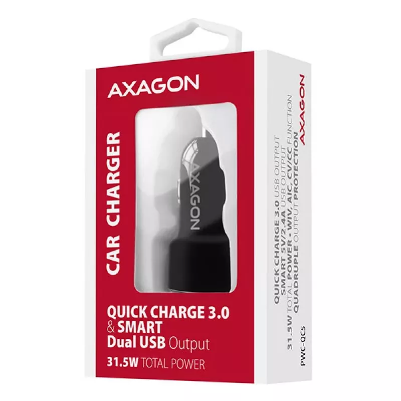 Axagon PWC-QC5 mobiilseadme laadija Mobiiltelefon, Nutitelefon, Tahvelarvuti, Universaalne Must Sigaretisüütaja Kiirlaadimine Auto