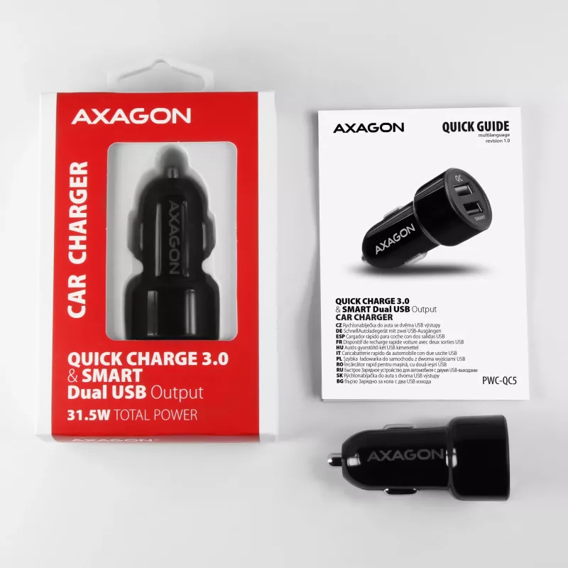 Axagon PWC-QC5 mobiilseadme laadija Mobiiltelefon, Nutitelefon, Tahvelarvuti, Universaalne Must Sigaretisüütaja Kiirlaadimine Auto