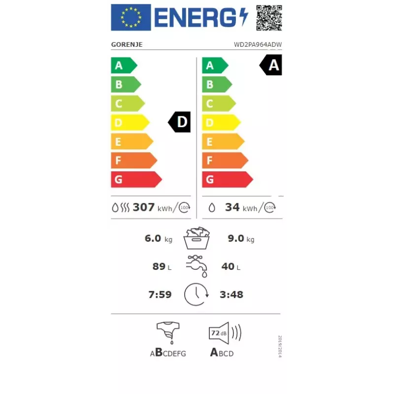 Gorenje WD2PA964ADW Pesu-kuivati 9 kg / 6 kg 1400 p/min