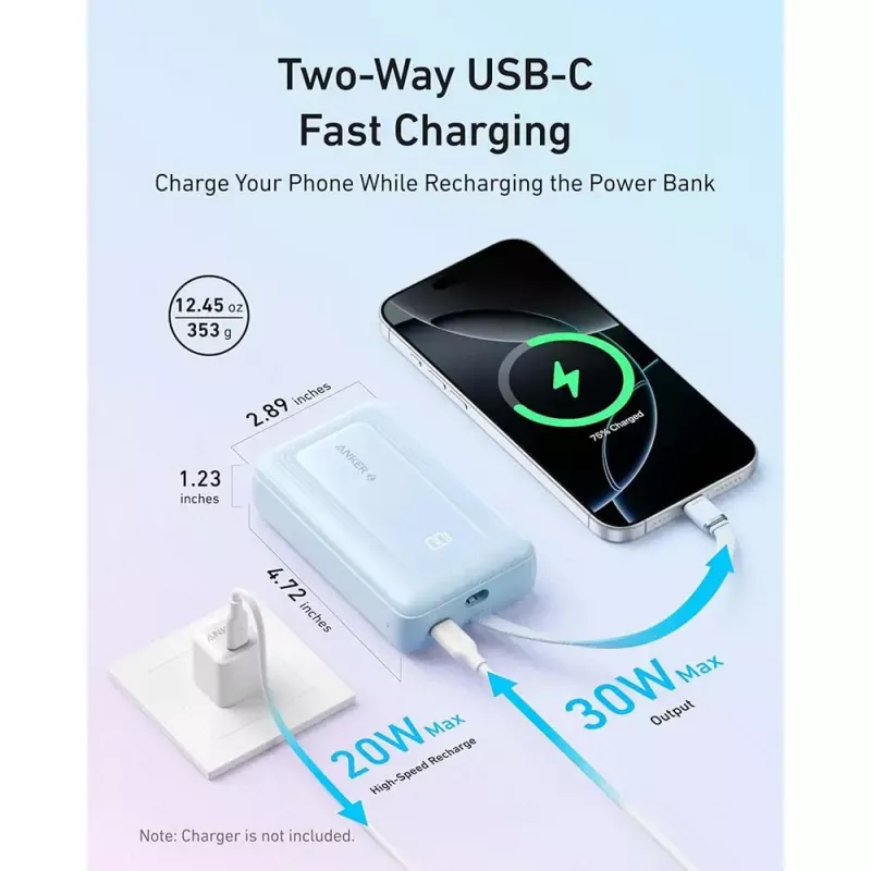 Akupank Anker Zolo 10000mAh, 30W ülikiire laadimine, sisseehitatud USB-C kaabel, valge