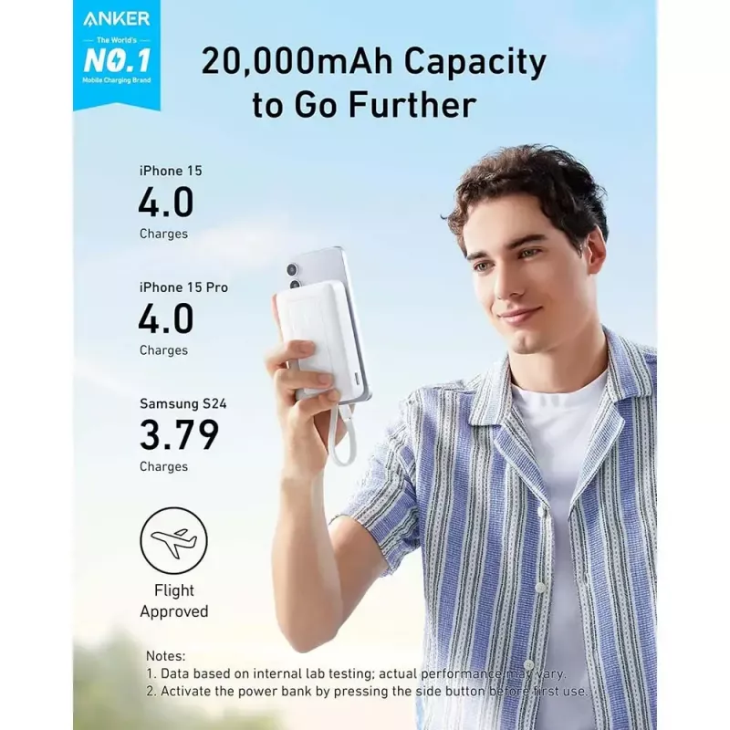 Akupank Anker Zolo 10000mAh, 30W ülikiire laadimine, sisseehitatud USB-C kaabel, valge