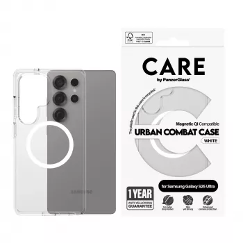 PanzerGlass CARE™ by ® Urban Combat Case Läbipaistev valge Qi-ga Samsung Galaxy S25 Ultra jaoks