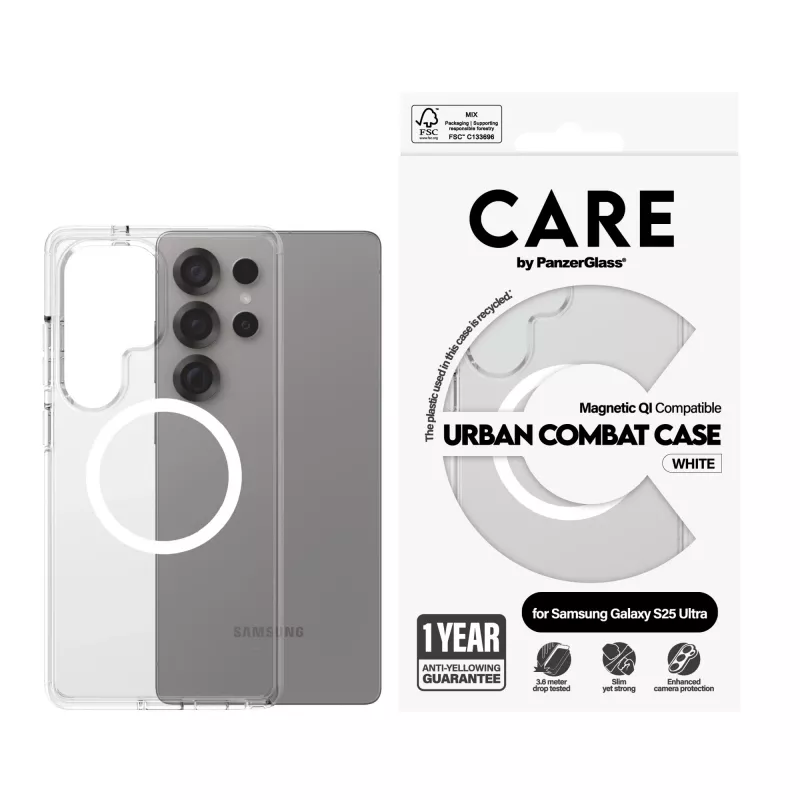 PanzerGlass CARE™ by ® Urban Combat Case Läbipaistev valge Qi-ga Samsung Galaxy S25 Ultra jaoks
