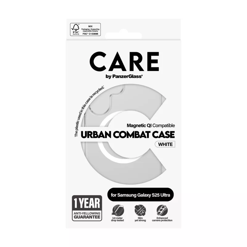 PanzerGlass CARE™ by ® Urban Combat Case Läbipaistev valge Qi-ga Samsung Galaxy S25 Ultra jaoks
