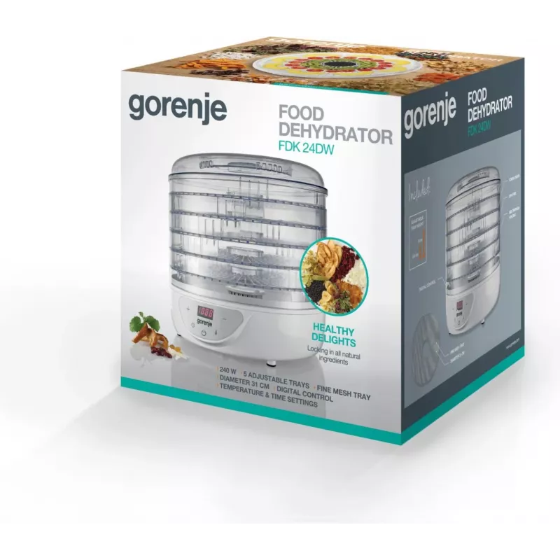 Toidukuivati Gorenje FDK 24 DW — läbipaistev valge, Ø31 cm rest, 240 W, max 70°C