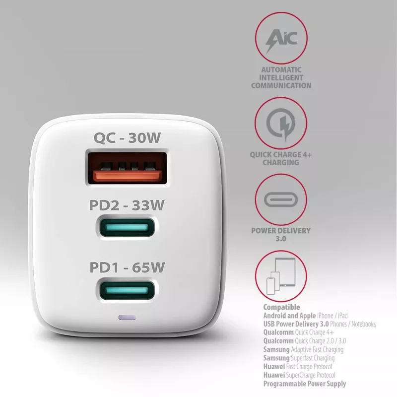 Axagon ACU-DPQ65W PD3.0 & QC4+ 3x VÄLJUNDIT seinälaadija 65W