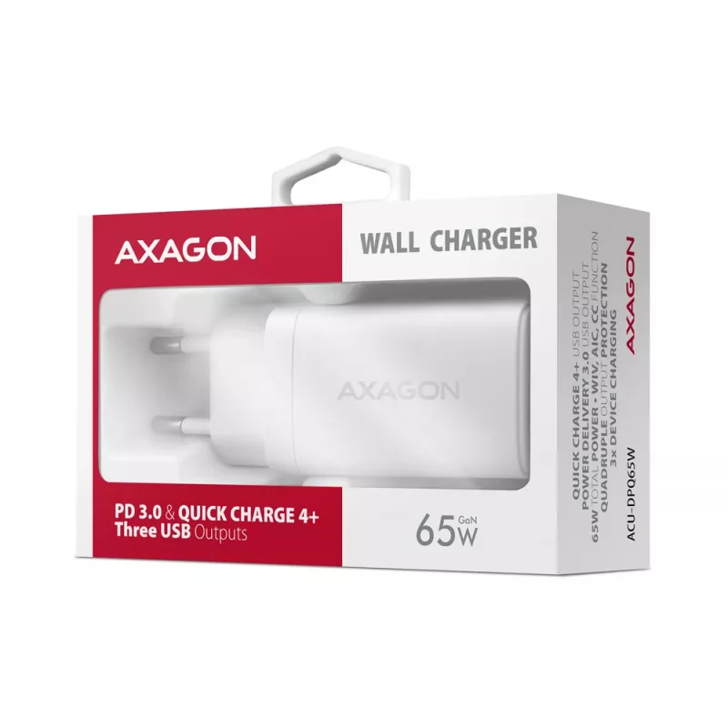 Axagon ACU-DPQ65W PD3.0 & QC4+ 3x VÄLJUNDIT seinälaadija 65W