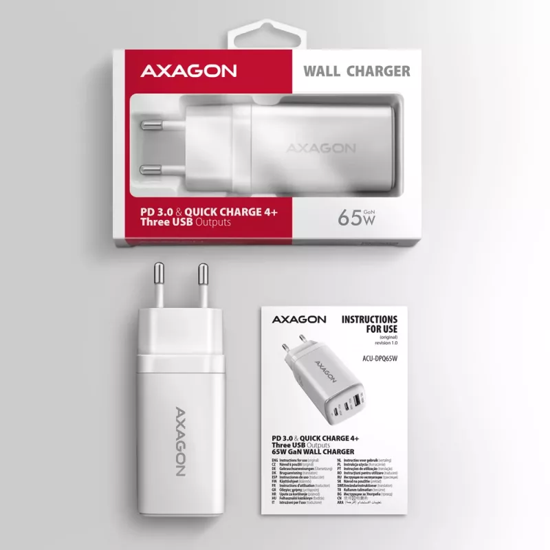 Axagon ACU-DPQ65W PD3.0 & QC4+ 3x VÄLJUNDIT seinälaadija 65W