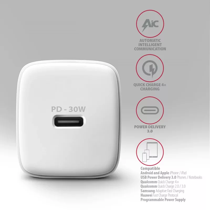 Seinalaadija Axagon ACU-PD30W 1x QC3.0/AFC/FCP/PD Type-C 30W Valge