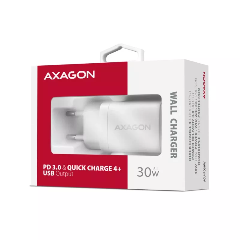 Seinalaadija Axagon ACU-PD30W 1x QC3.0/AFC/FCP/PD Type-C 30W Valge