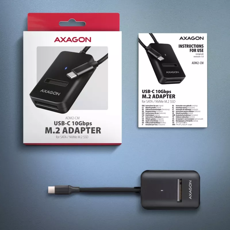 Axagon ADM2-CM USB-C adapter M.2 NVMe SATA 10Gbps must