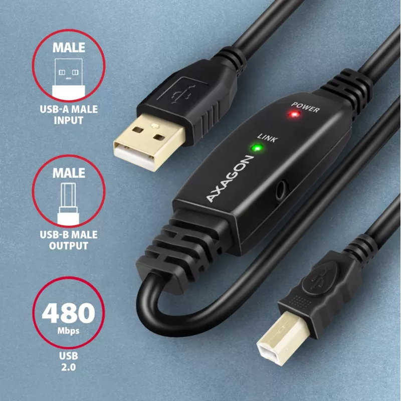 Axagon ADR-210B USB 2.0 A-M -> B-M aktiivne ühendus-/repiterkaabel 10 m