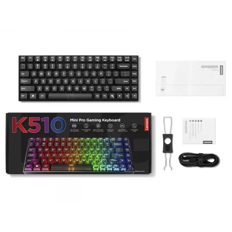 Mehaaniline mängurklaviatuur Lenovo Legion K510 Mini Pro 75% USA inglise, 84 klahvi, RGB, USB, 1,8 m kaabel, must/läbipaistev