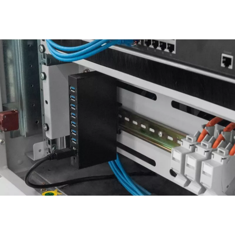 DIGITUS USB 3.0 HUB - 7 porti - tööstuslik metall, toiteplokk, 15 kV ESD, laua-, seina- ja DIN-liistu paigaldus