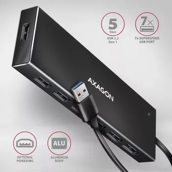 Axagon HUE-F7A 7x USB 3.2 Gen 1 ALU FLAT jaotur mikrotoitega IN 1m USB-A USB 3.2 Gen 1 (3.1 Gen 1) Type-A 5000 Mbit/s must