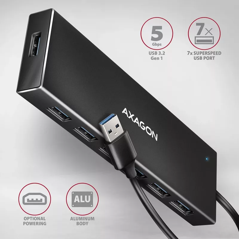 Axagon HUE-F7A 7x USB 3.2 Gen 1 ALU FLAT jaotur mikrotoitega IN 1m USB-A USB 3.2 Gen 1 (3.1 Gen 1) Type-A 5000 Mbit/s must