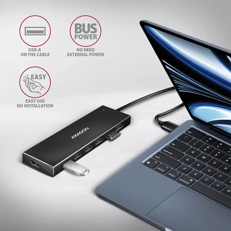 Axagon HUE-F7A 7x USB 3.2 Gen 1 ALU FLAT jaotur mikrotoitega IN 1m USB-A USB 3.2 Gen 1 (3.1 Gen 1) Type-A 5000 Mbit/s must