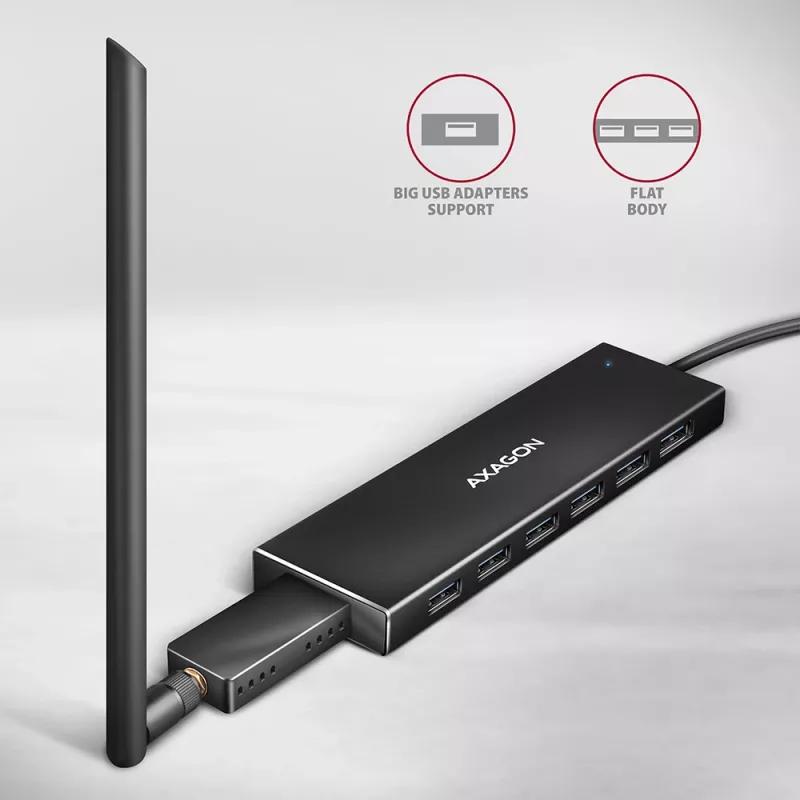 Axagon HUE-F7A 7x USB 3.2 Gen 1 ALU FLAT jaotur mikrotoitega IN 1m USB-A USB 3.2 Gen 1 (3.1 Gen 1) Type-A 5000 Mbit/s must