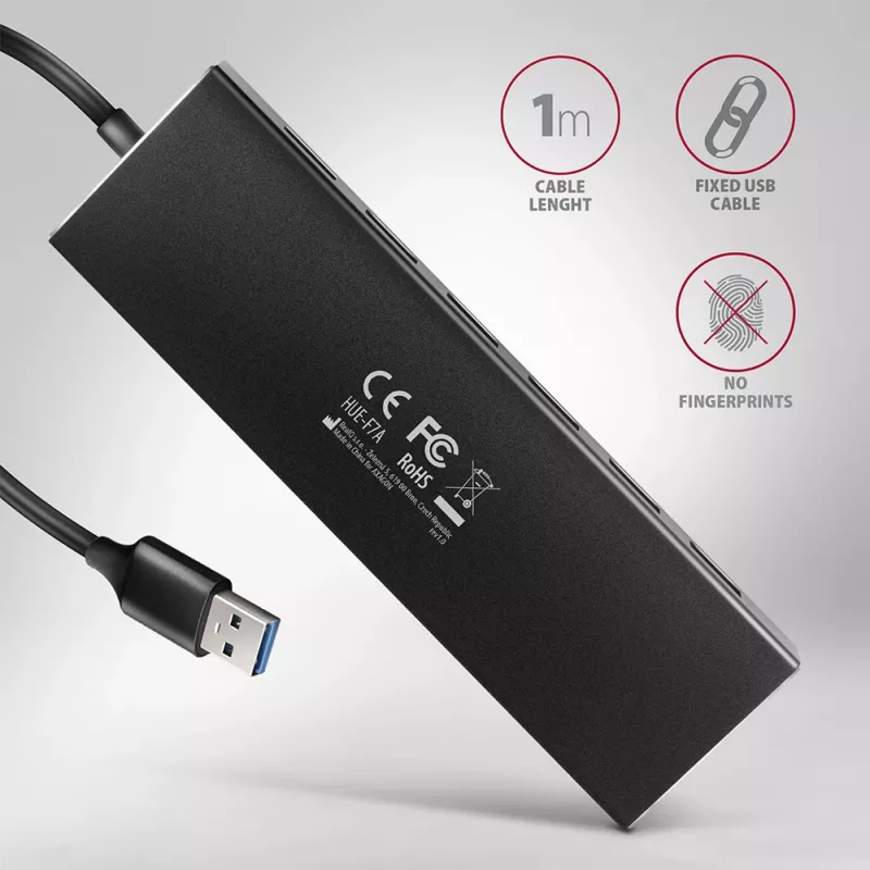 Axagon HUE-F7A 7x USB 3.2 Gen 1 ALU FLAT jaotur mikrotoitega IN 1m USB-A USB 3.2 Gen 1 (3.1 Gen 1) Type-A 5000 Mbit/s must