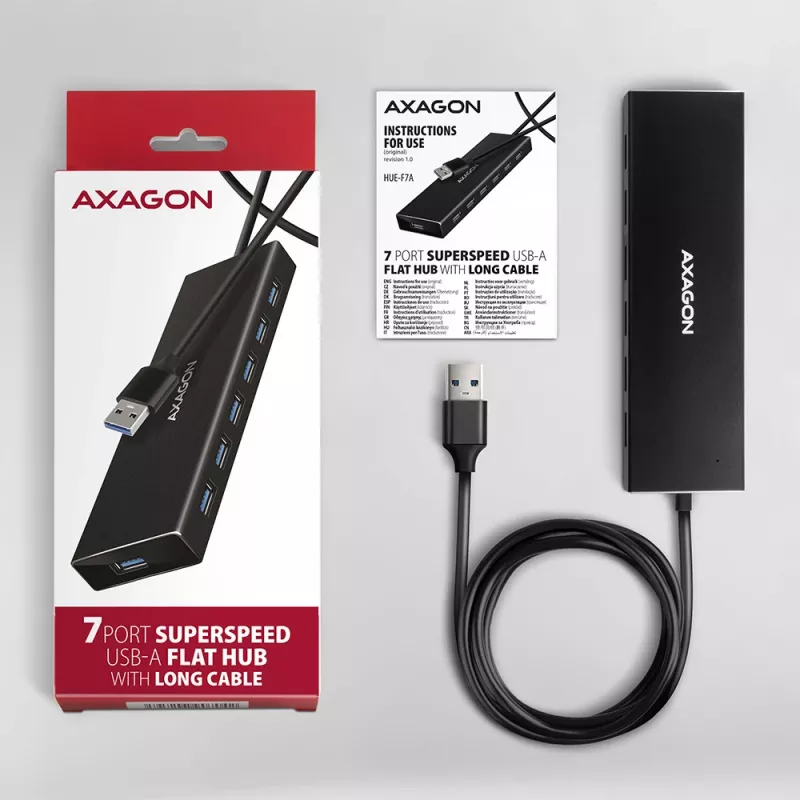 Axagon HUE-F7A 7x USB 3.2 Gen 1 ALU FLAT jaotur mikrotoitega IN 1m USB-A USB 3.2 Gen 1 (3.1 Gen 1) Type-A 5000 Mbit/s must