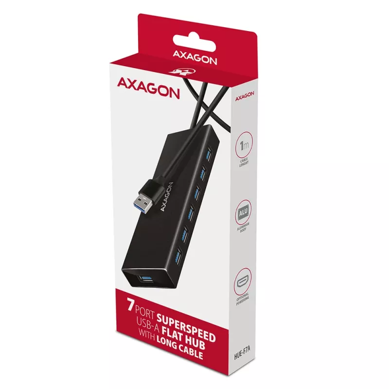 Axagon HUE-F7A 7x USB 3.2 Gen 1 ALU FLAT jaotur mikrotoitega IN 1m USB-A USB 3.2 Gen 1 (3.1 Gen 1) Type-A 5000 Mbit/s must